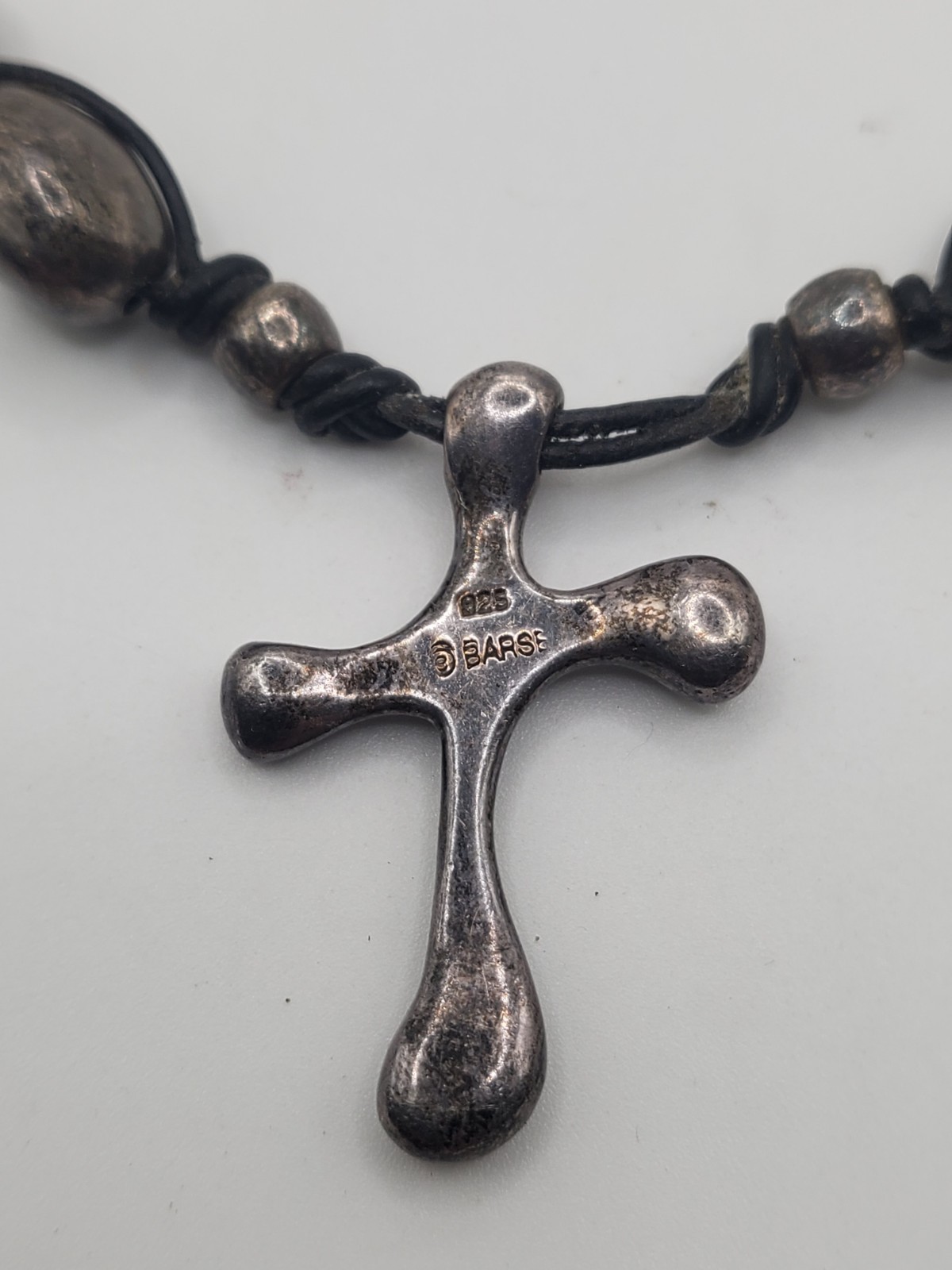 BARSE Sterling Silver Cross Necklace 925 Marked Pendant & Clasp Leather Cord 18″