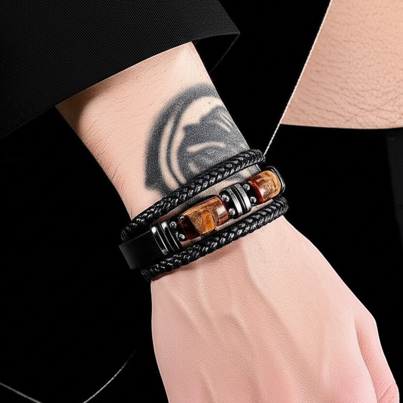 Tiger Eye Black Leather Men Bracelet Strength Crystal Stone Healing Fashion Gift