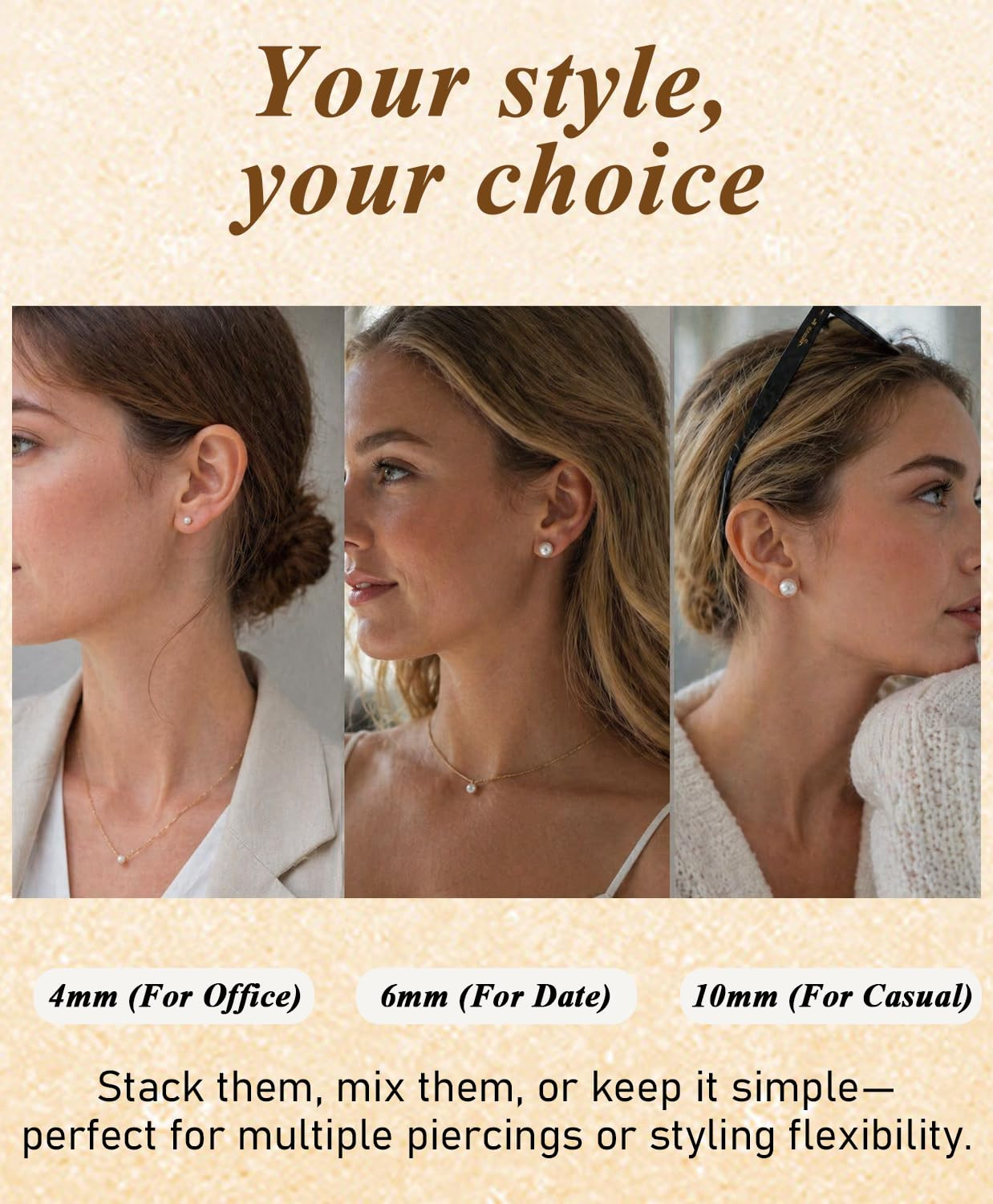 Gold Pearl Stud Earrings Set for Women, 7 Pairs (3–10Mm), Hypoallergenic with So