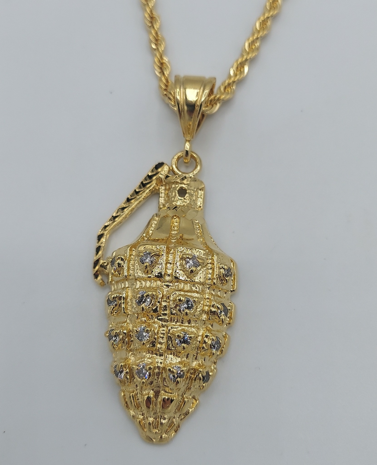 14KT GOLD EP GRENADE W/ CLEAR CZ BLING PENDANT CHARM & 20″ 4MM ROPE CHAIN- 9255