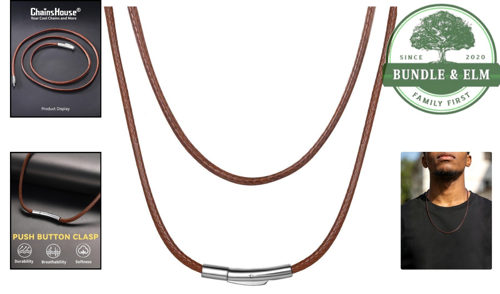Braided Leather Necklace Cord with Push Button Clasp for Pendants 16-30 Inches