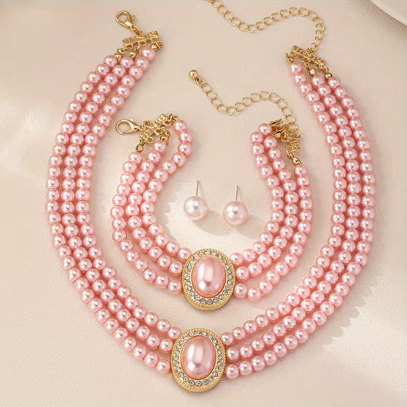 Pink Pearl Jewellery Set Necklace Bracelet Earrings Bridal Wedding Women Gift