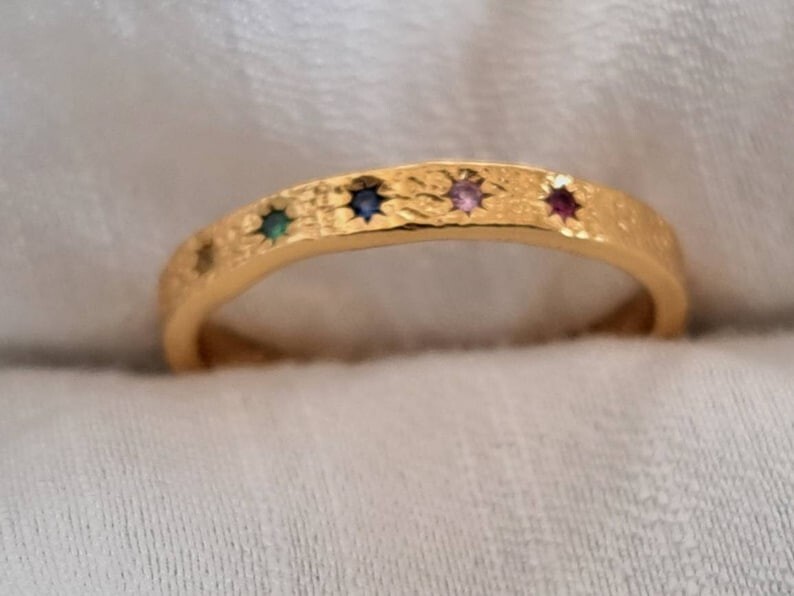 Silver Hammered Band Ring Star Birthstone Band – Unique Handmade Jewelry