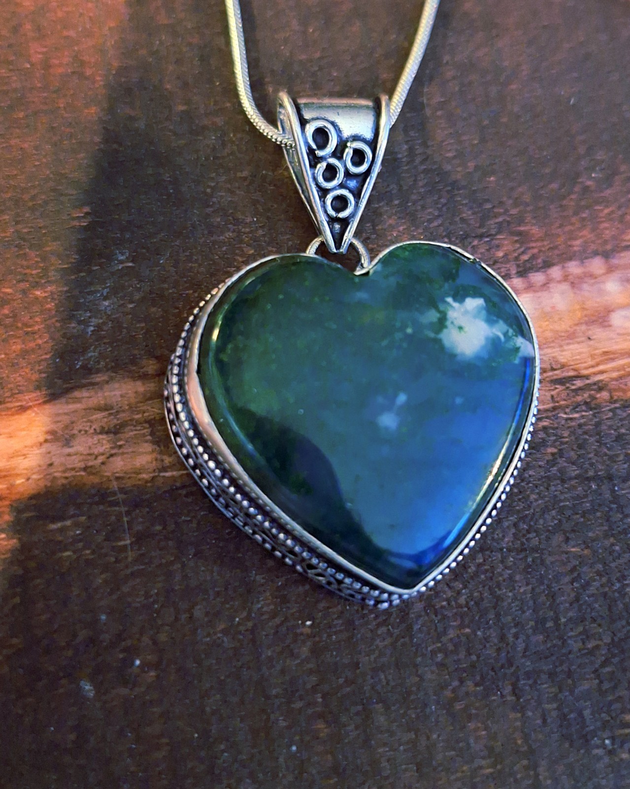 Green Moss Agate Heart Pendant On Silver Chain
