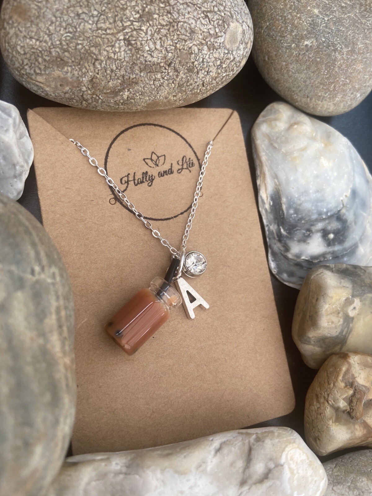 Brown Bubble Tea Boba Personalised Necklace Alphabet Initials & Birthstone