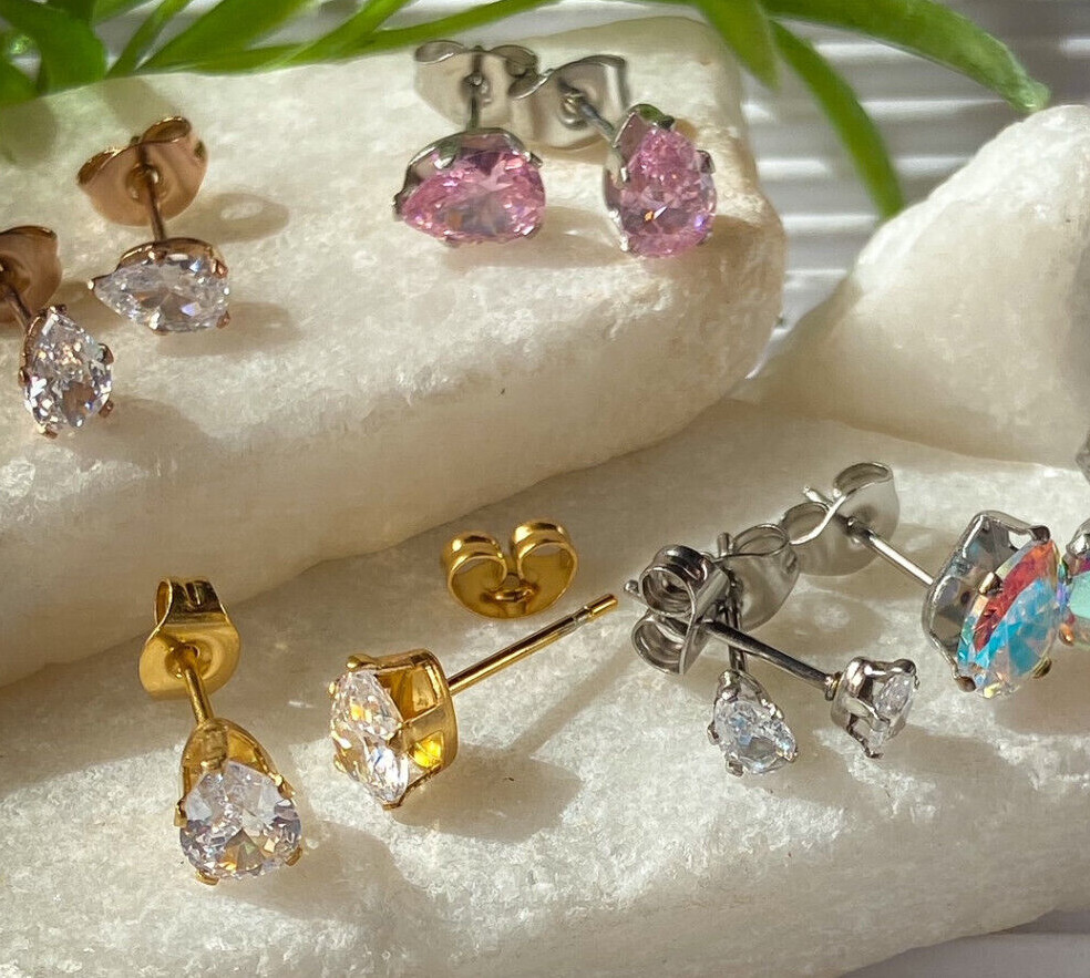 PAIR Tear drop CZ Gem Stud Earrings Teardrop Pear Steel, choose color & gem size