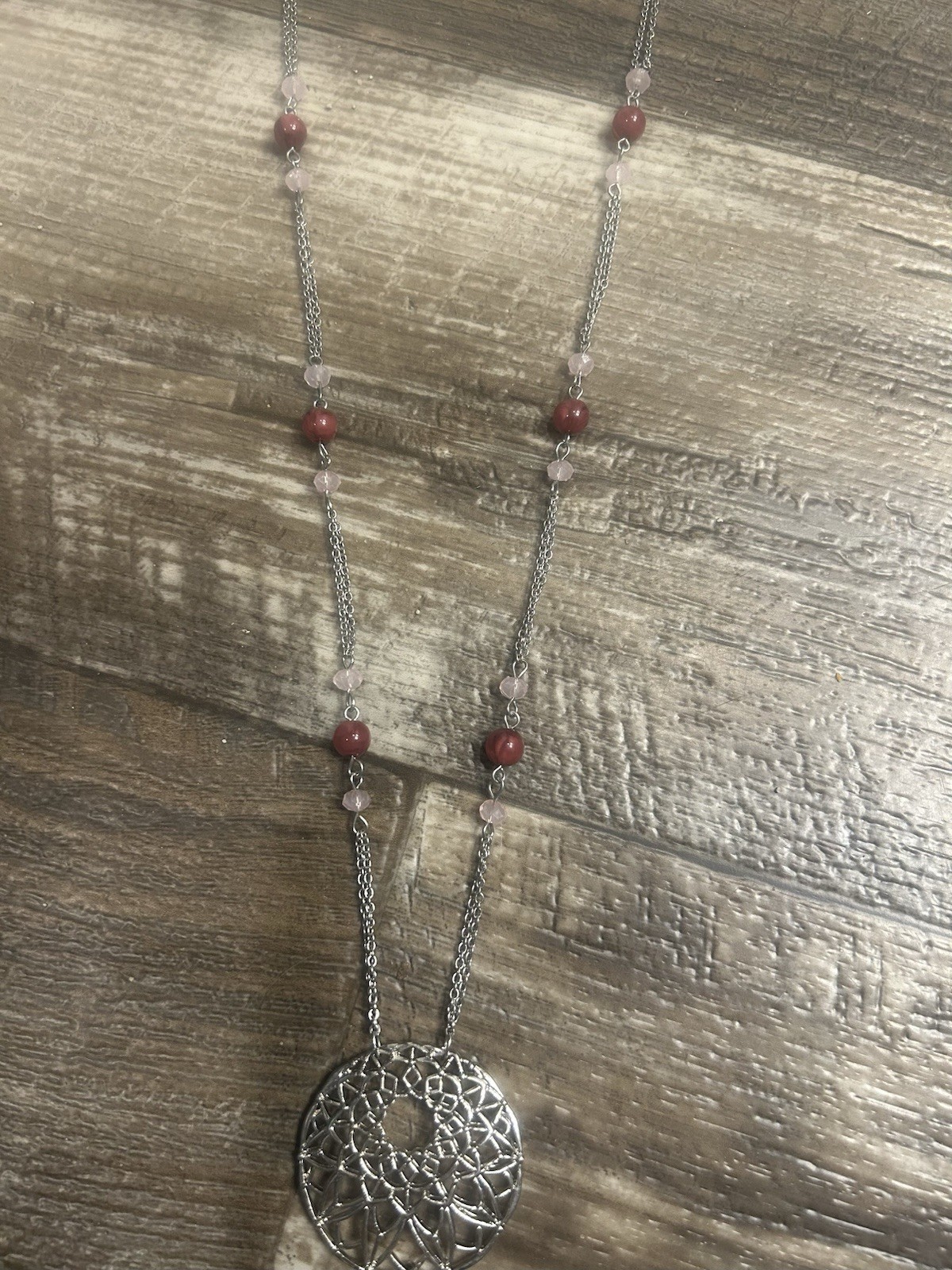 Silver Tone Round Filigree Tassel Pendant Cable Chain Necklace Pink White Beads