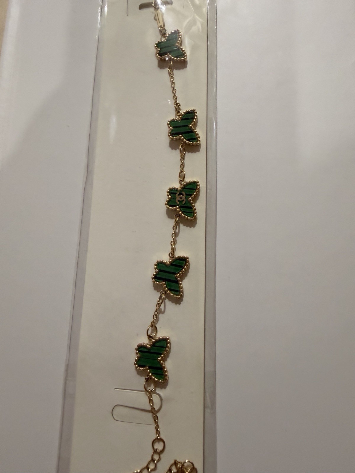 Gold Tone Cable Chain Dangle Charm Bracelet Green Enamel Butterfly Theme