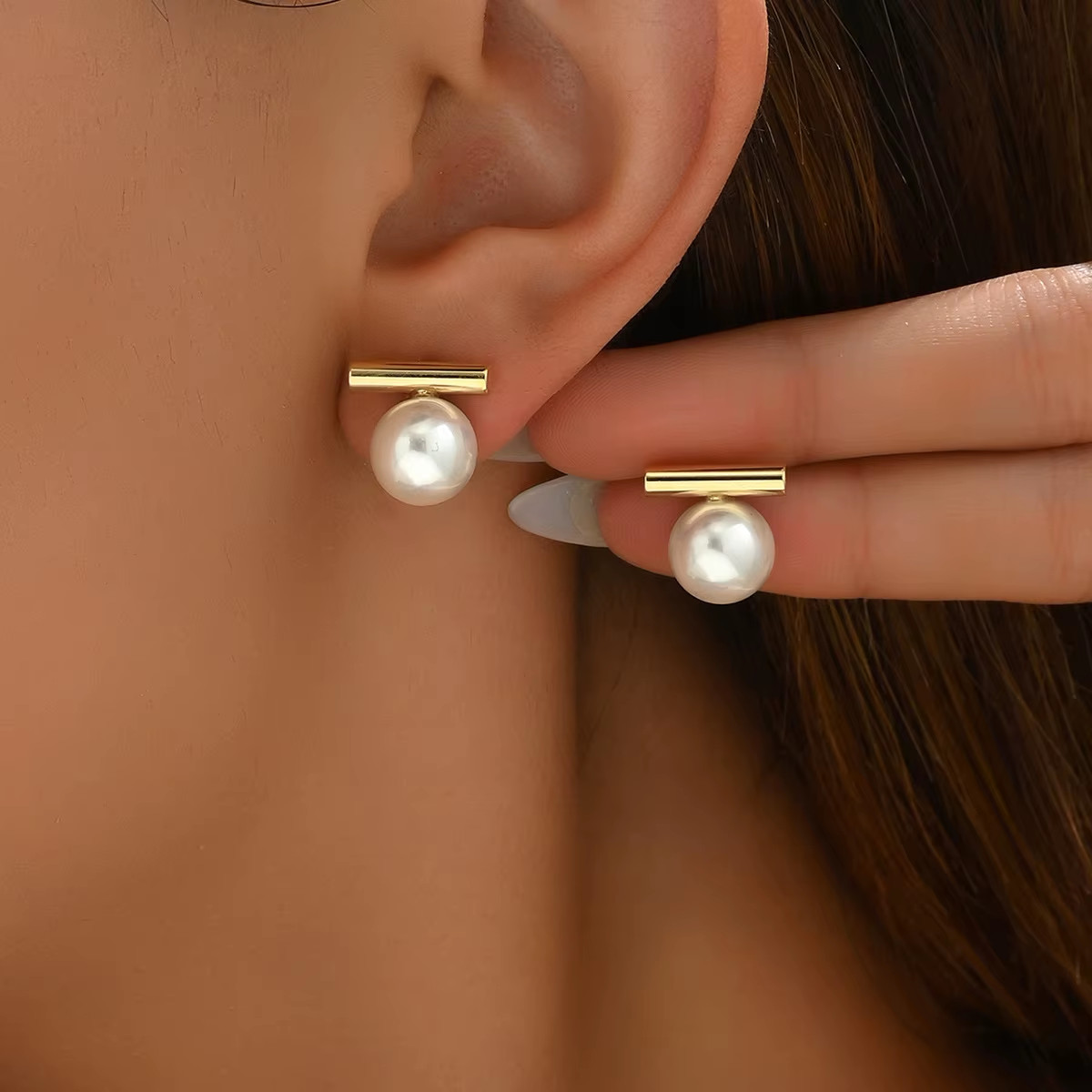 Simple Imitation Pearl Stud Earrings Gold Color Alloy Acrylic Beads Earring for
