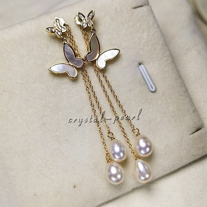 Genuine AAA natural south sea white pearl dangle earrings 14k yelllow gold P