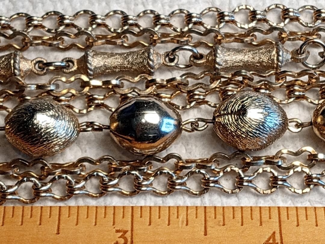 Vintage Gold Color Multi Strand Bracelet Textured Beads Bar Links 7″ No Mark