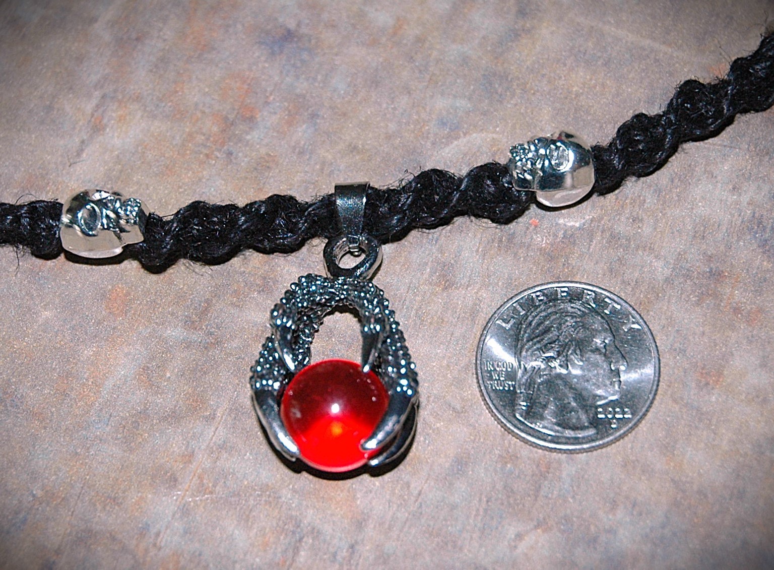 Gothic Dragon Claw Red Orb on a Handmade Black Hemp Necklace 20 1/2″