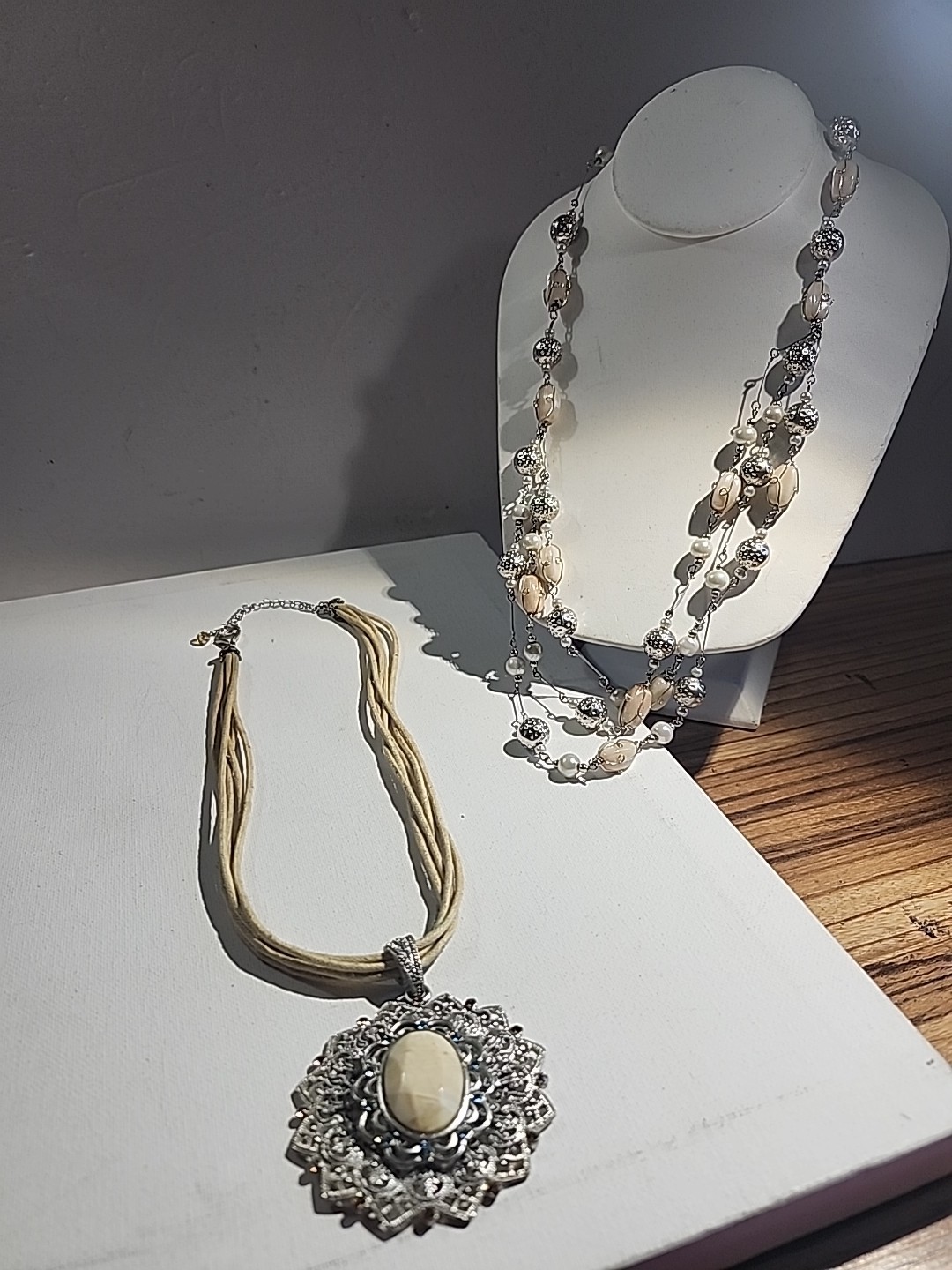 Cream and Silver Tone NecklaceJewelry Set LOT of 2