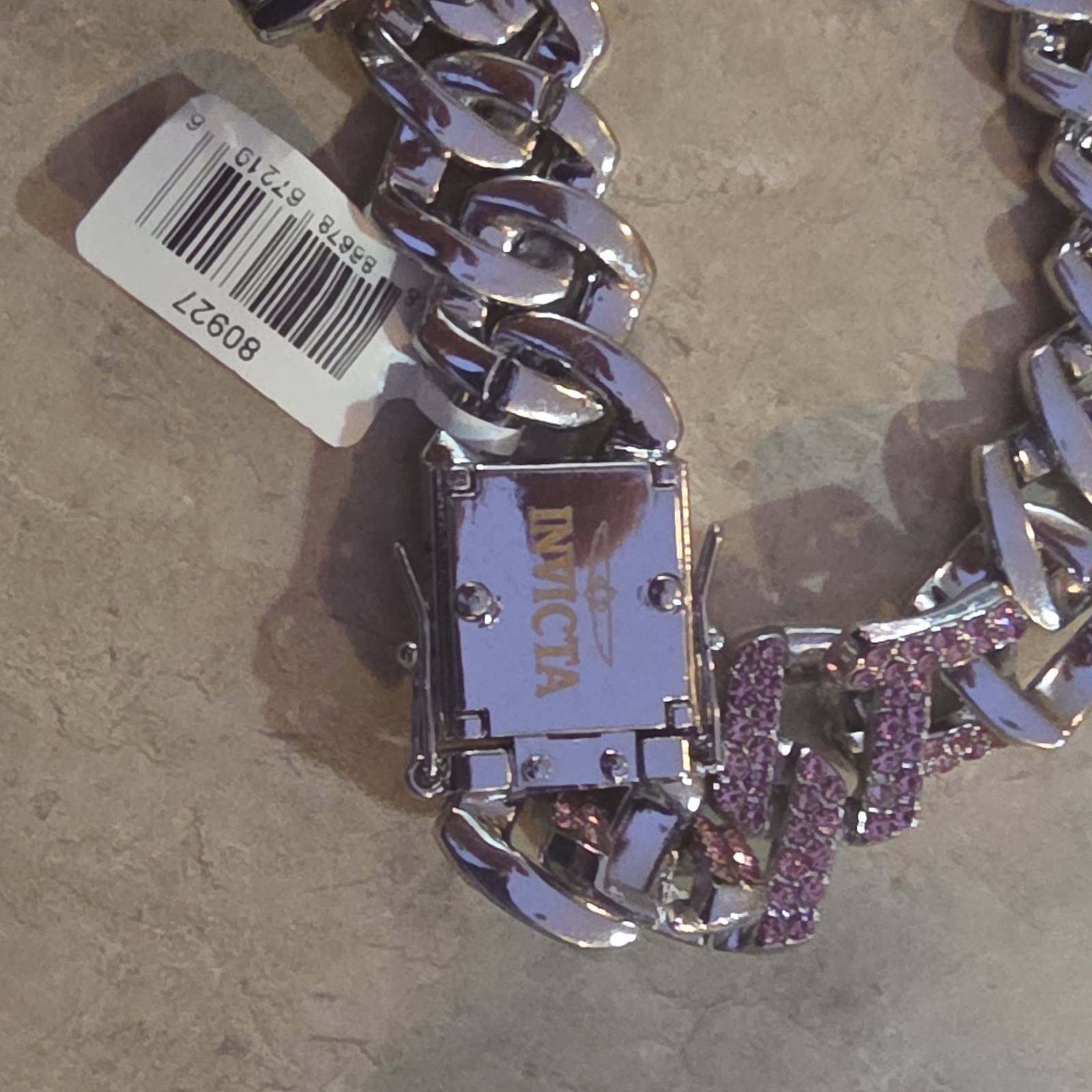 Invicta Pink Crystal Iced Out Cuban Link Chain Necklace Silver Tone 22 Inch
