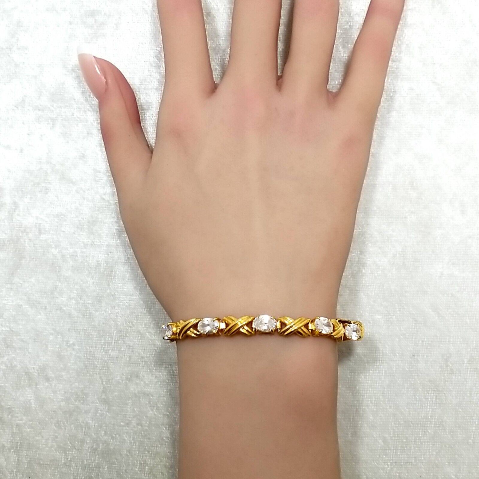 Sterling Gold Vermeil Oval Cz w/ X Links 7.5″ Bracelet Double Safety Clasp 15.7G