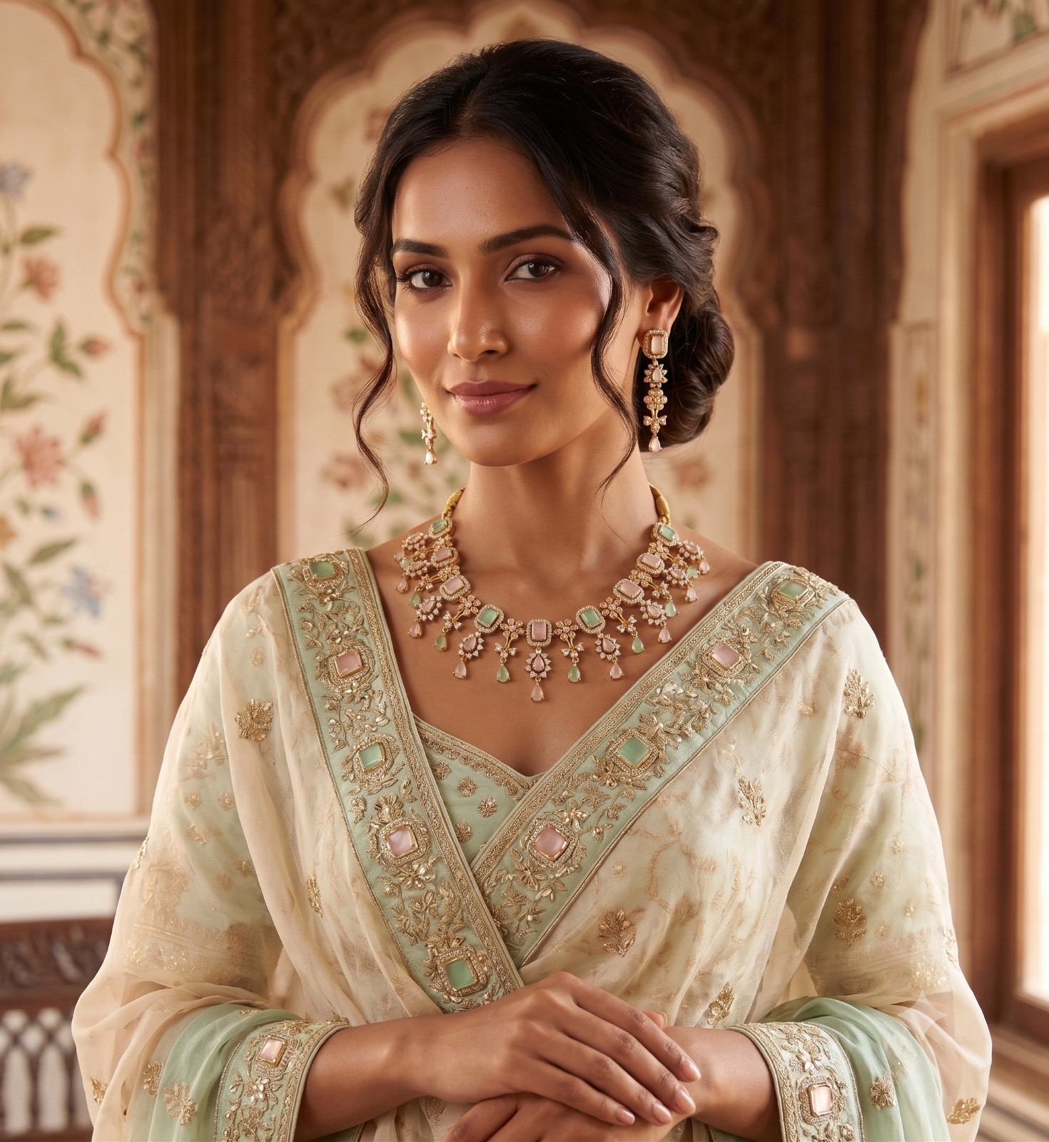 Indian CZ American Diamond Necklace Earrings Set Pastel Pink Green Gold Plated