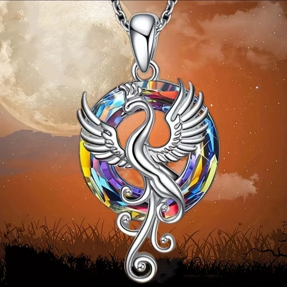 Crystal Phoenix Wings Pendant Necklace Colorful Firebird Clavicle Chain