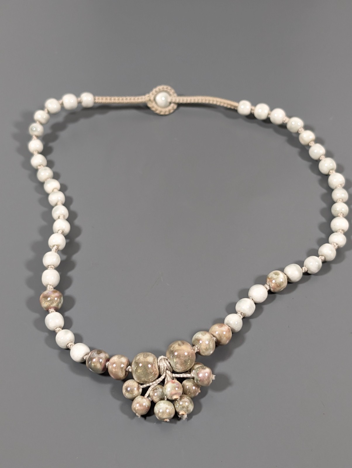 Ceramic Beaded Necklace 16″ White Gray Cluster Pendant Artisan Boho Jewelry