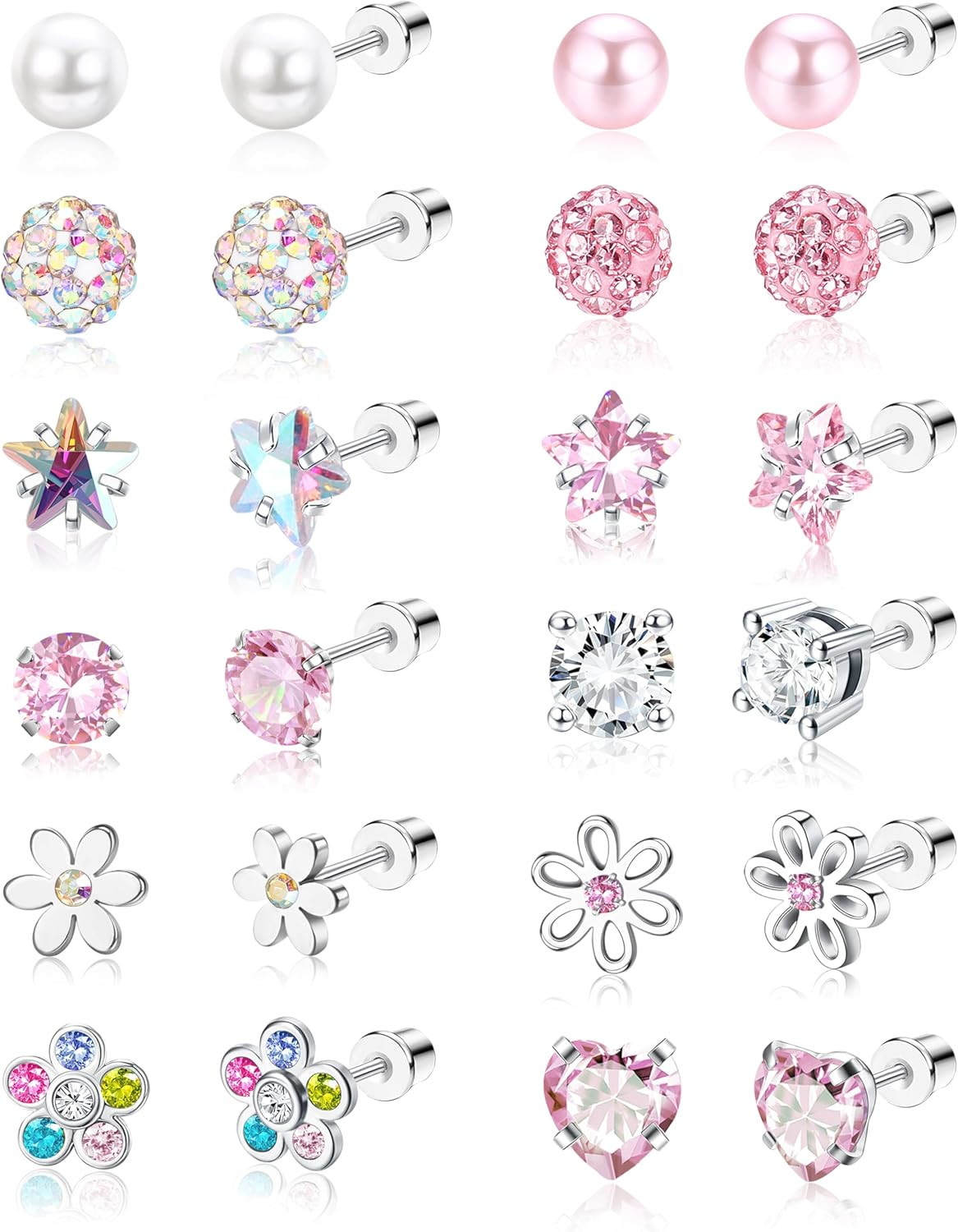 12 Pairs Hypoallergenic Screw Back Earrings for Women Girls Surgical Steel Cute