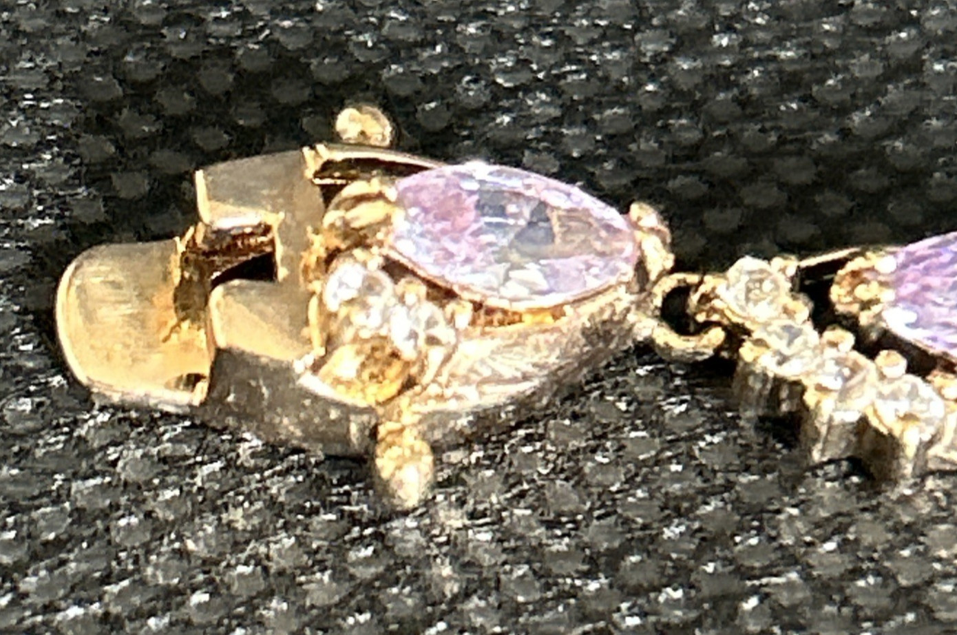 Gold Tone Brass Simulated Amethyst Marquise Rhinestone Tennis Bracelet 7 Inch