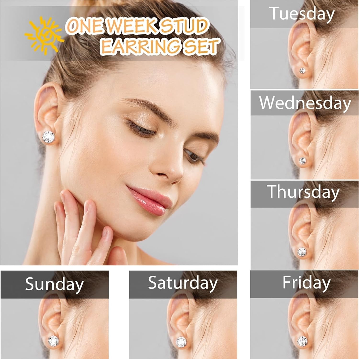 Silver Gold Black Stud Earrings Set 7Pairs Hypoallergenic Cubic Zirconia Titaniu