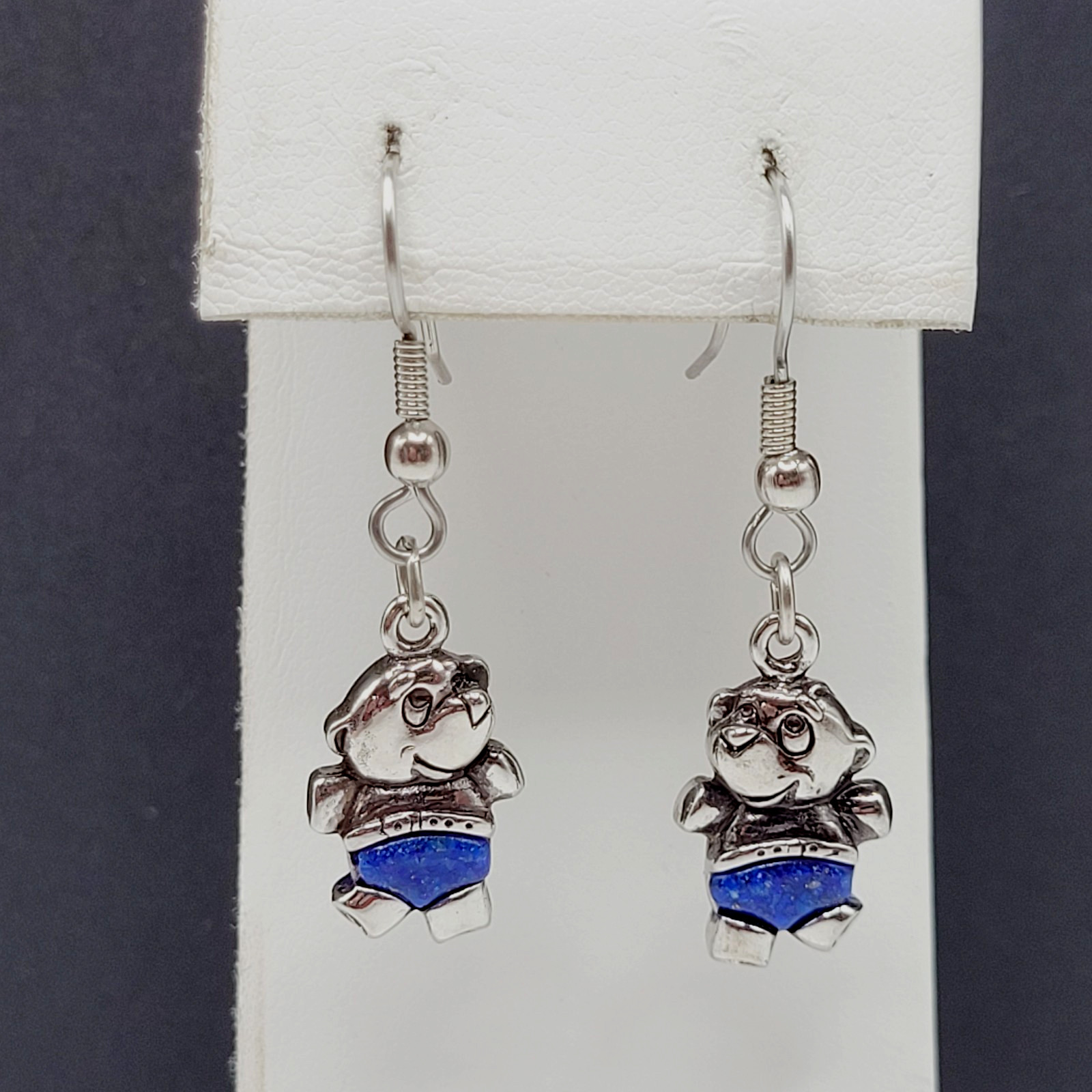 SW Waldeck Johnson Teddy Bear Lapis Lazuli Silver Tone Pierced Hook Earrings