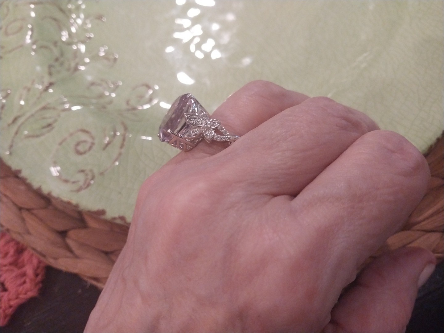 Karis Rose De France Amethyst, White Zircon Floral Rng PlatBond, sz 9, TCW= 9.70