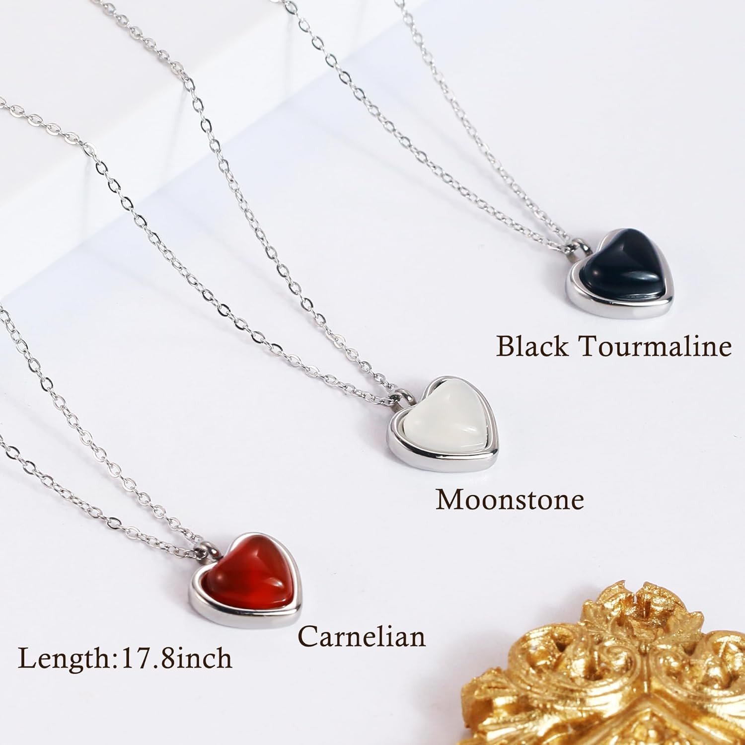 Heart Necklace for Women,Black Tourmaline Protection Red Carnelian Rose Quartz N