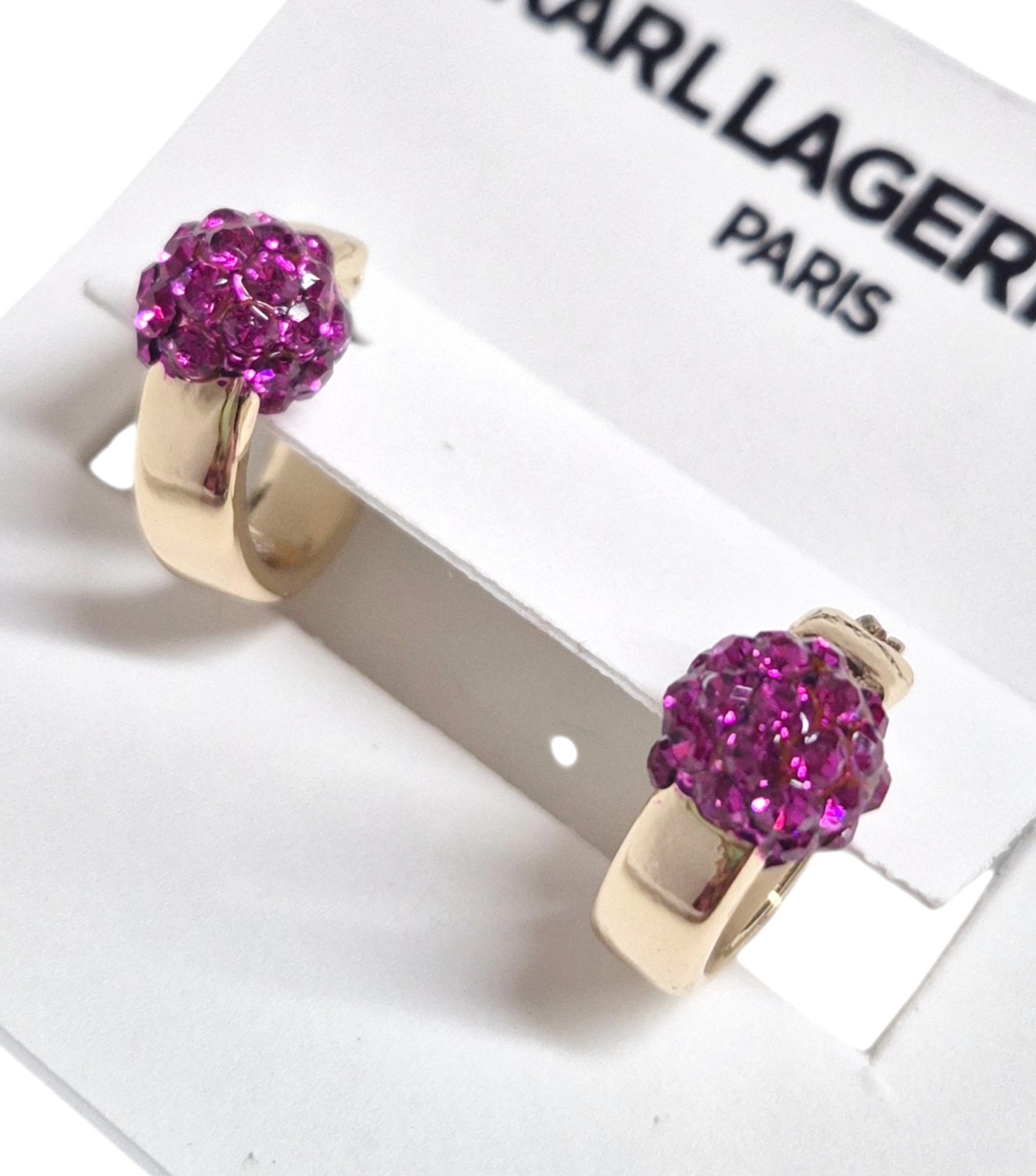 Karl Lagerfeld Small Pave Fireball Huggie Hoop Earrings Pink Gold Plated New