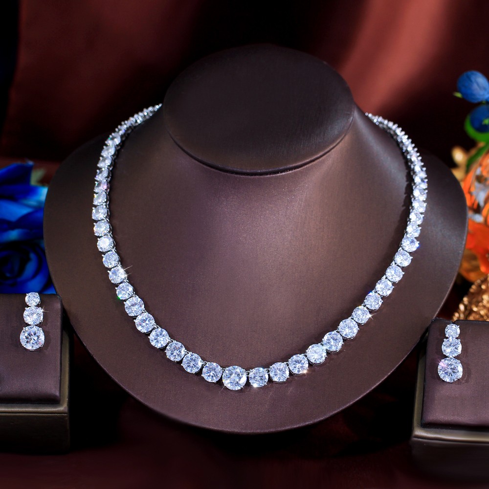 Round Cubic Zirconia Tennis Necklace Earrings Silver Plated Wedding Jewelry Set