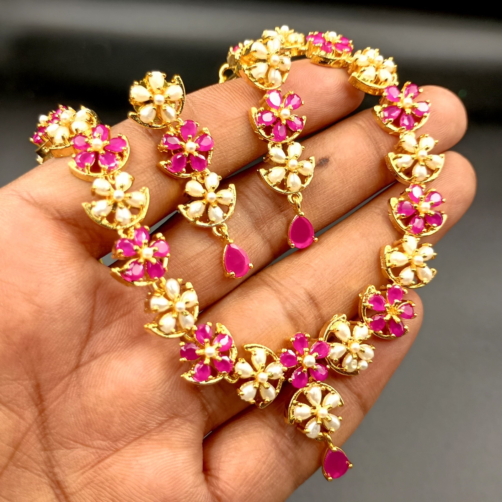 Traditional 22K Gold Plated Floral Ruby Pearl Necklace Set Statement Jewelry