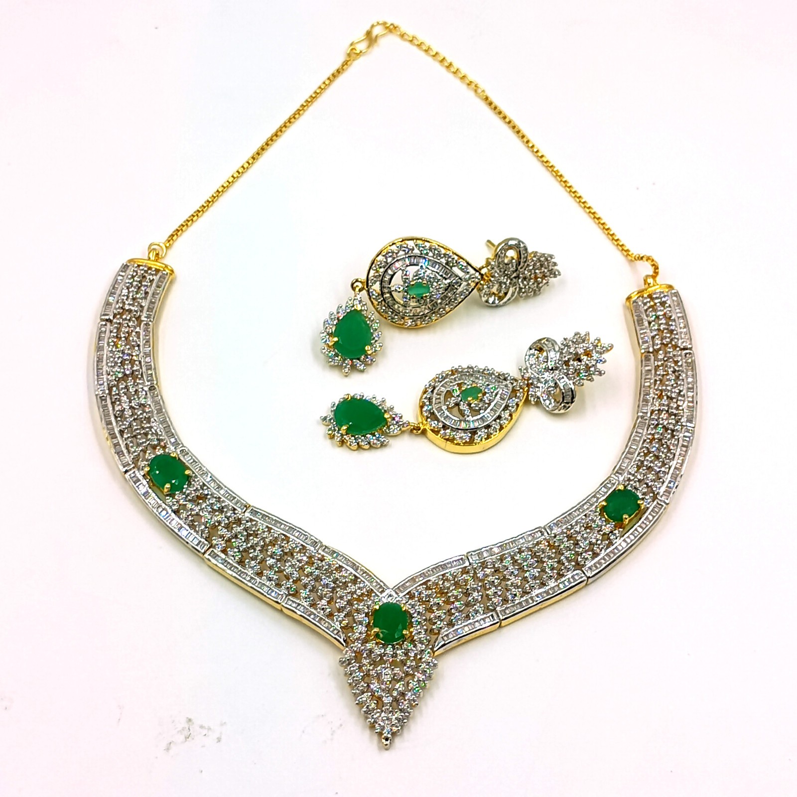 Emerald CZ Diamond Choker Necklace Set 22k Gold Plated South Indian Handmade
