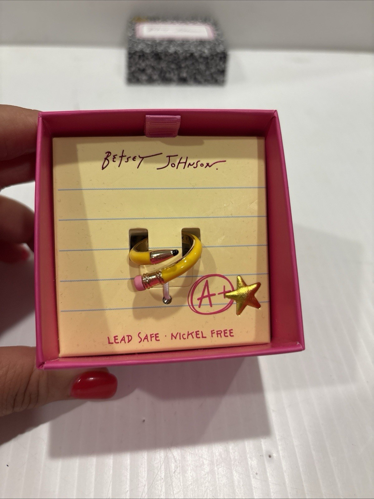 Betsey Johnson Curved Yellow Pencil & Pink Eraser Wrap Ring Size 7.5 NWT & Box