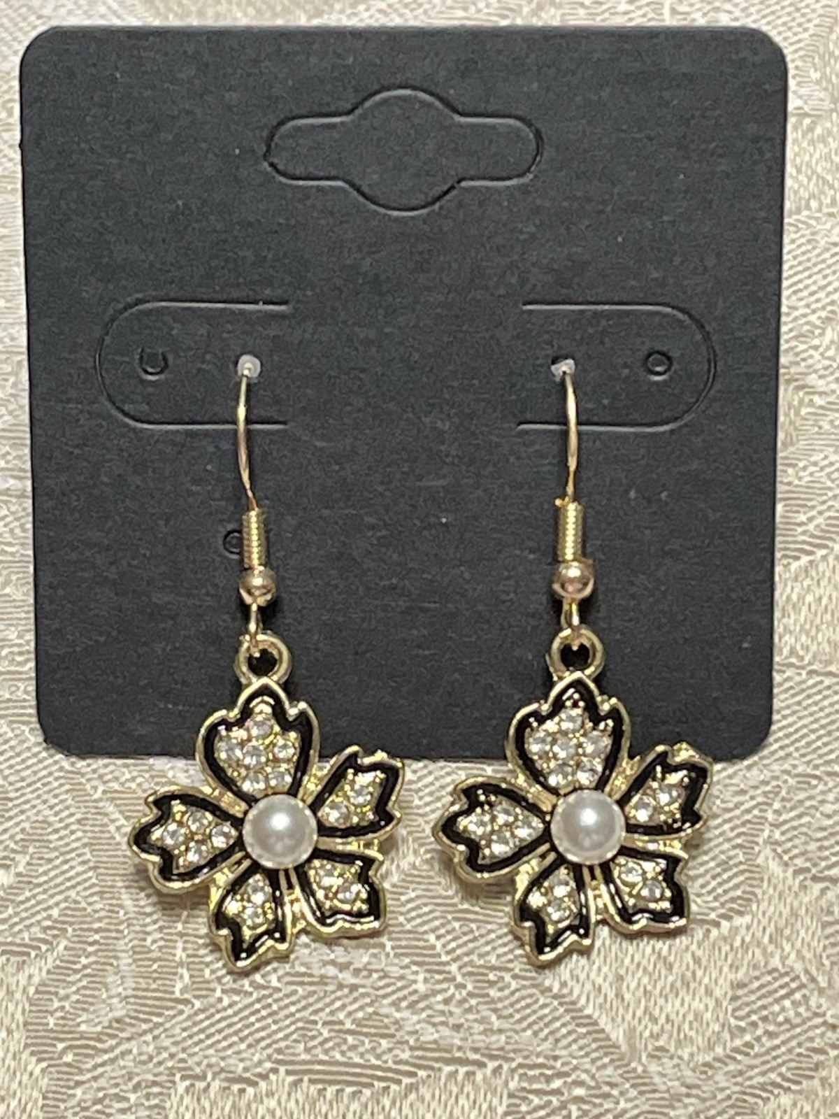 Vintage Retro Black Floral Pearl Gem Gold Drop Dangle Bohemian Fashion Earrings