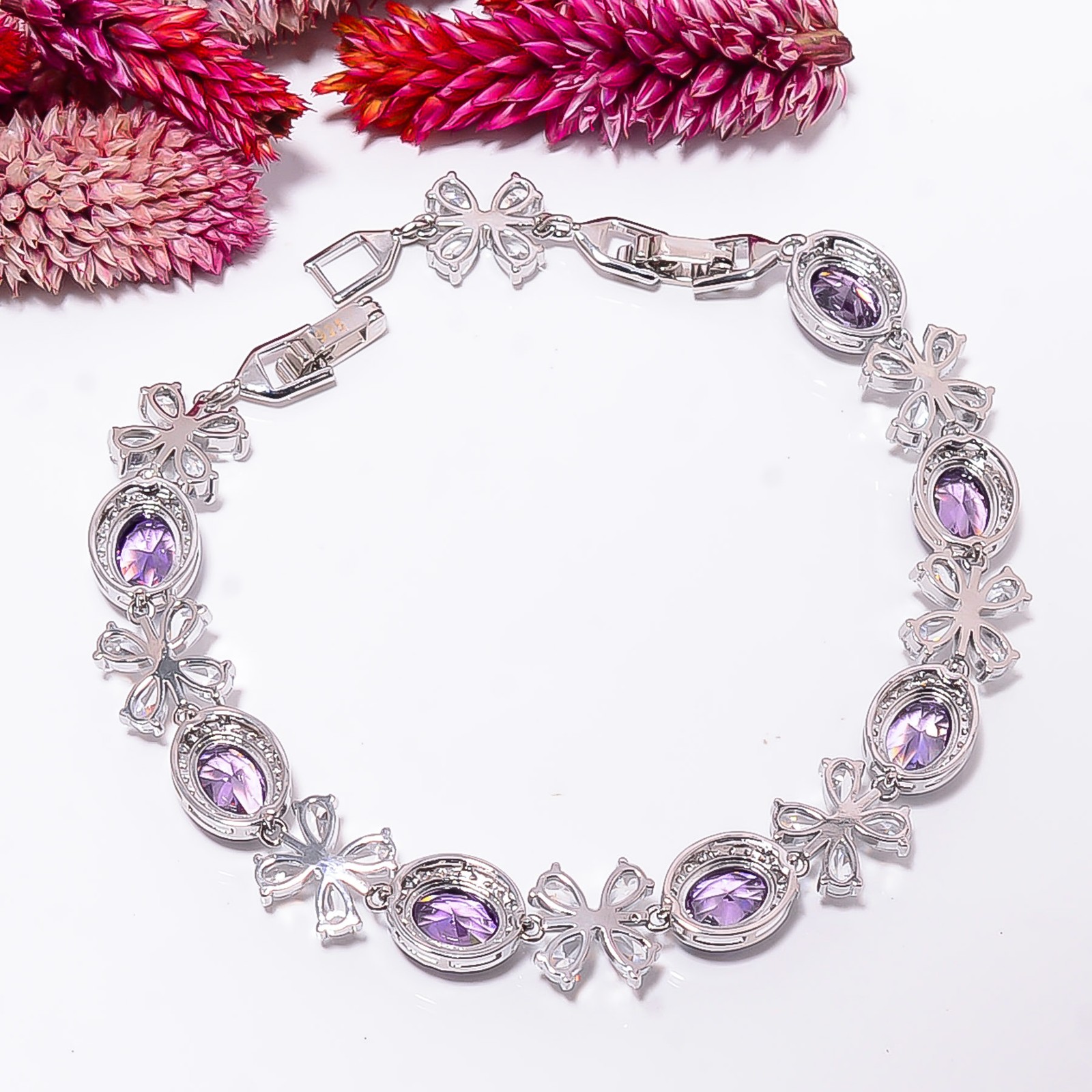 Purple Amethyst, CZ 925 Sterling Silver Adjustable Bracelet 7-8″ B130216