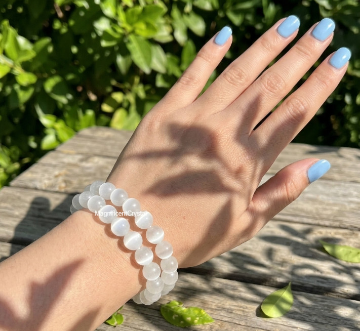 2PCS Genuine Selenite Bracelet 8mm Round Beads Crystal Healing Spiritual Jewelry