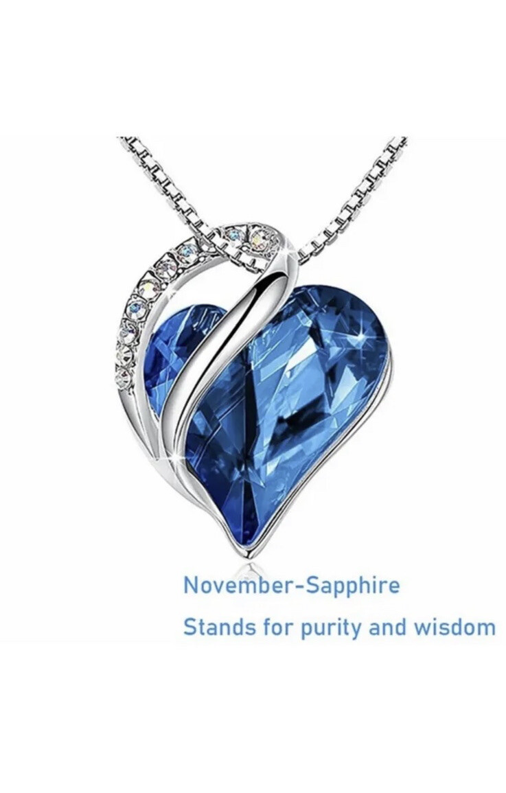 Women Birthstone Heart Silver Necklace Love Crystal Pendant Lady Fashion Gift