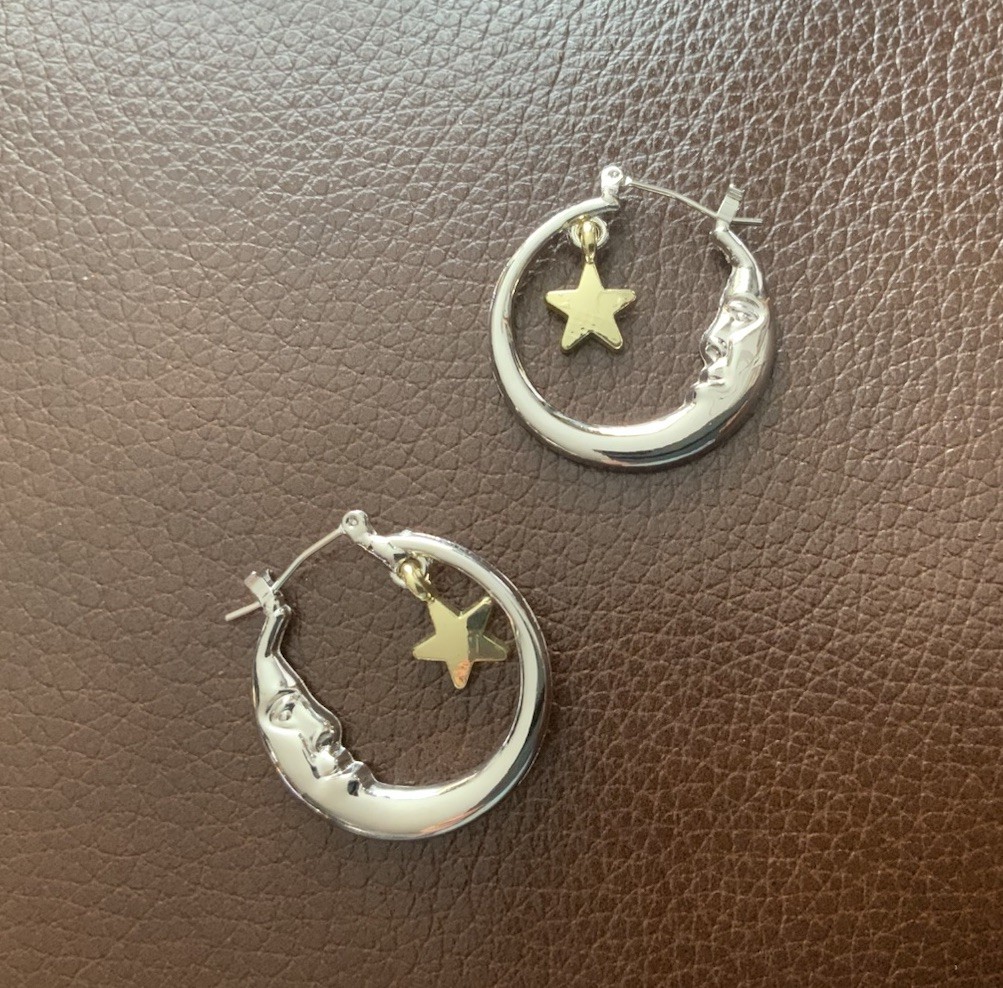 Anthropologie Hoop Crescent Moon Star Earrings Gold Silver Face Celestial Gold