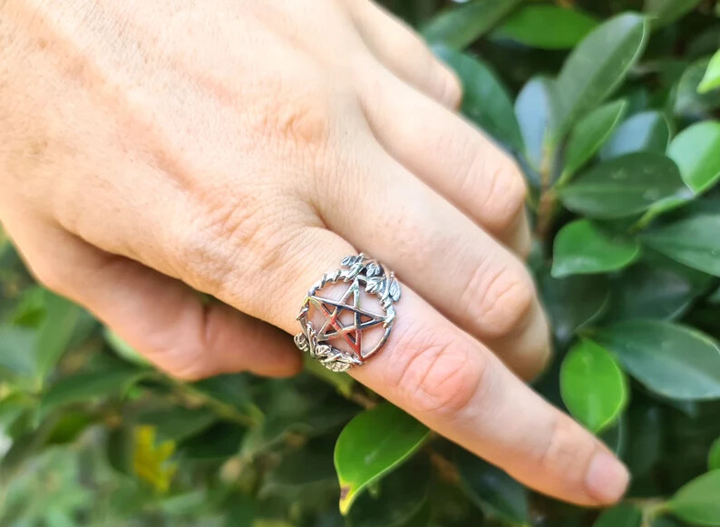 Pentagram Ring STERLING SILVER 925 Floral Pentacle Sacred Symbol 5 pointed star