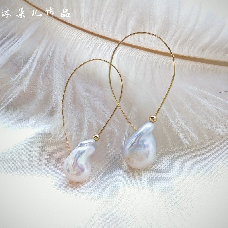 Handmade Baroque Pearl Wire Hoop Drop Earrings Daily Elegant Women Jewelry