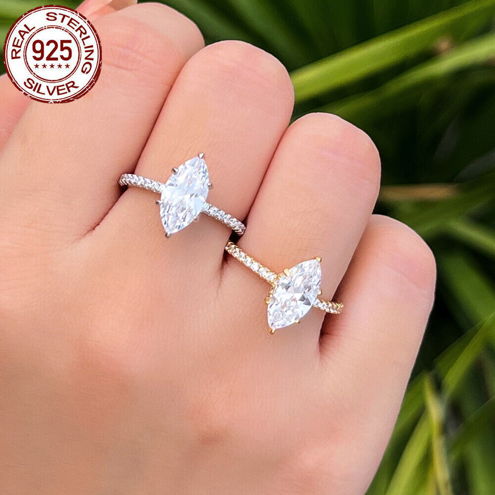 925 Sterling Silver Ring Gold Plated CZ White Marquise Cut Wedding Engagement