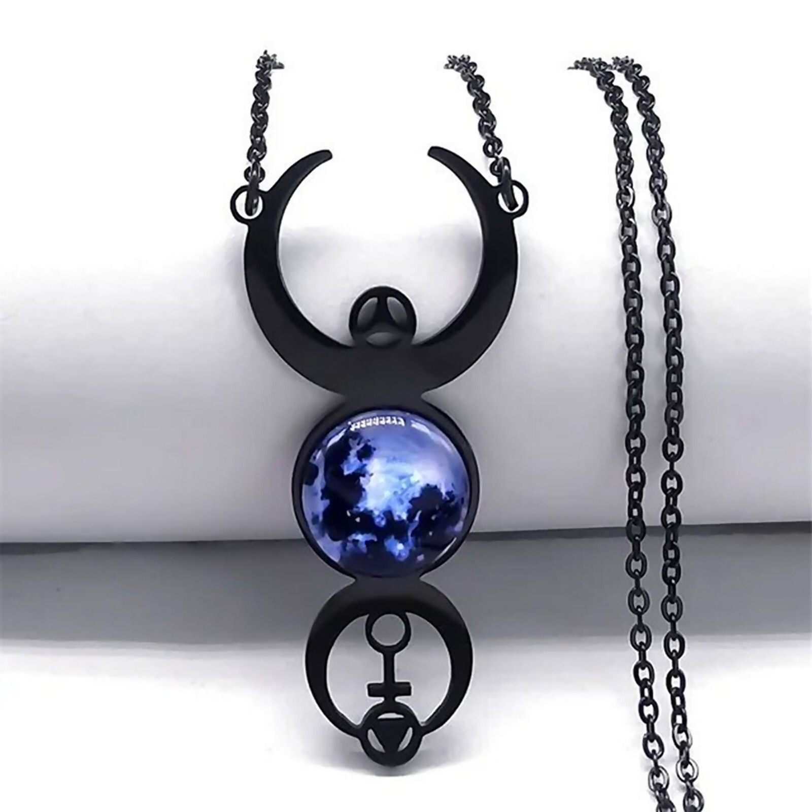 Triple Moon Goddess Necklace Black 316L Stainless Steel Pagan Wicca Pendant