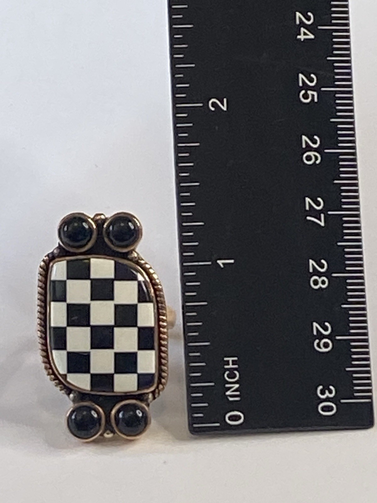 Solid Copper Black Onyx Checkerboard Adjustable Ring Southwest Jewelry