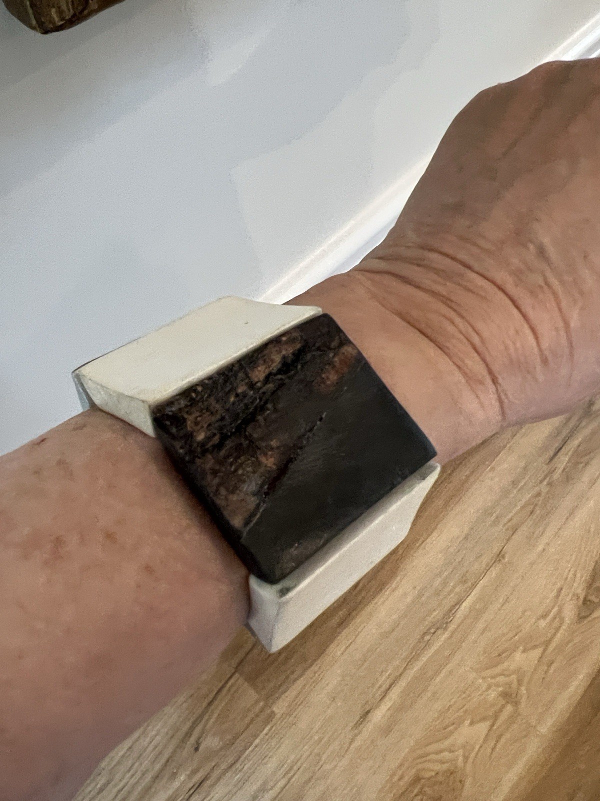 Chunky Cream, Silver, And Wood Tone Statement, Cuff Bracelet