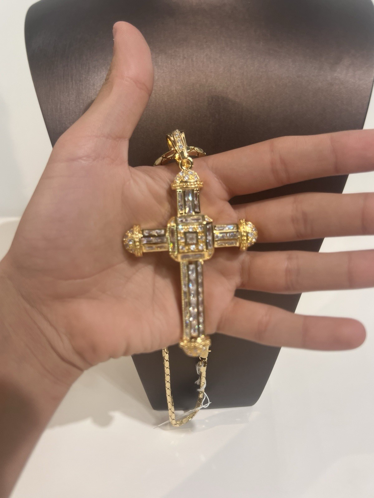 Gold Plated, Cross, Necklace, Baguette, And Round Cd Stones Pendant Unisex