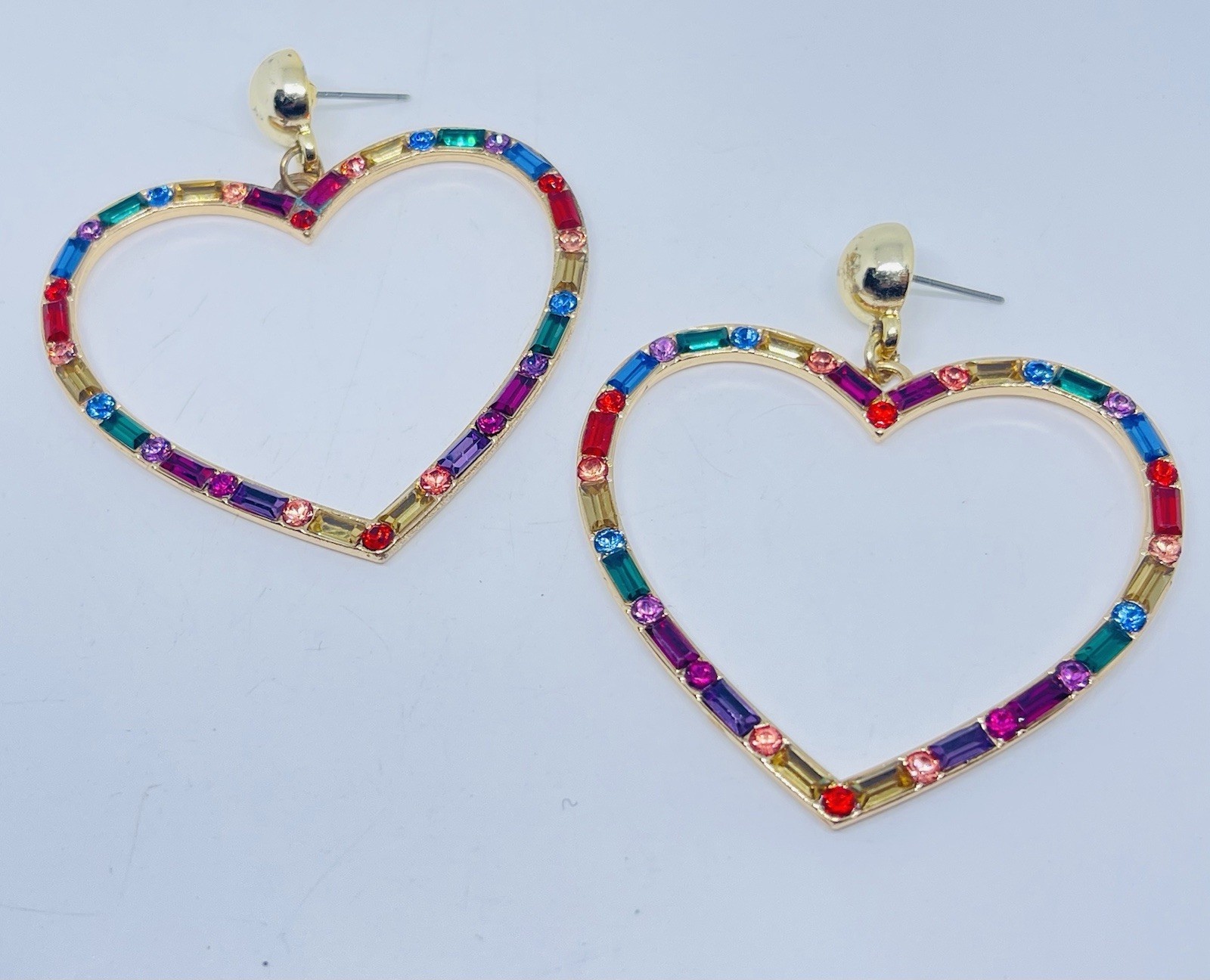 Aldo Gold Crystal Multicolor Rainbow Baguette Open Heart Dangle Drop Earrings