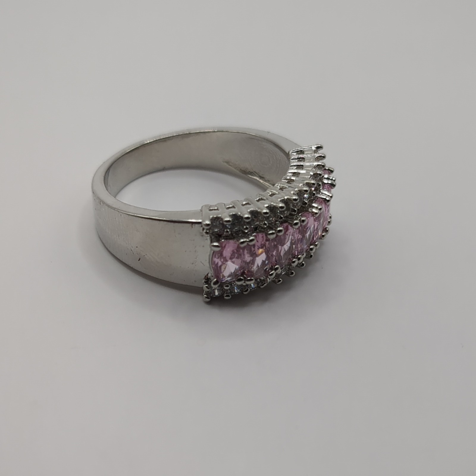 Silver Tone Band Ring Marquise Pink Stones Prong Set 10+ Gemstones