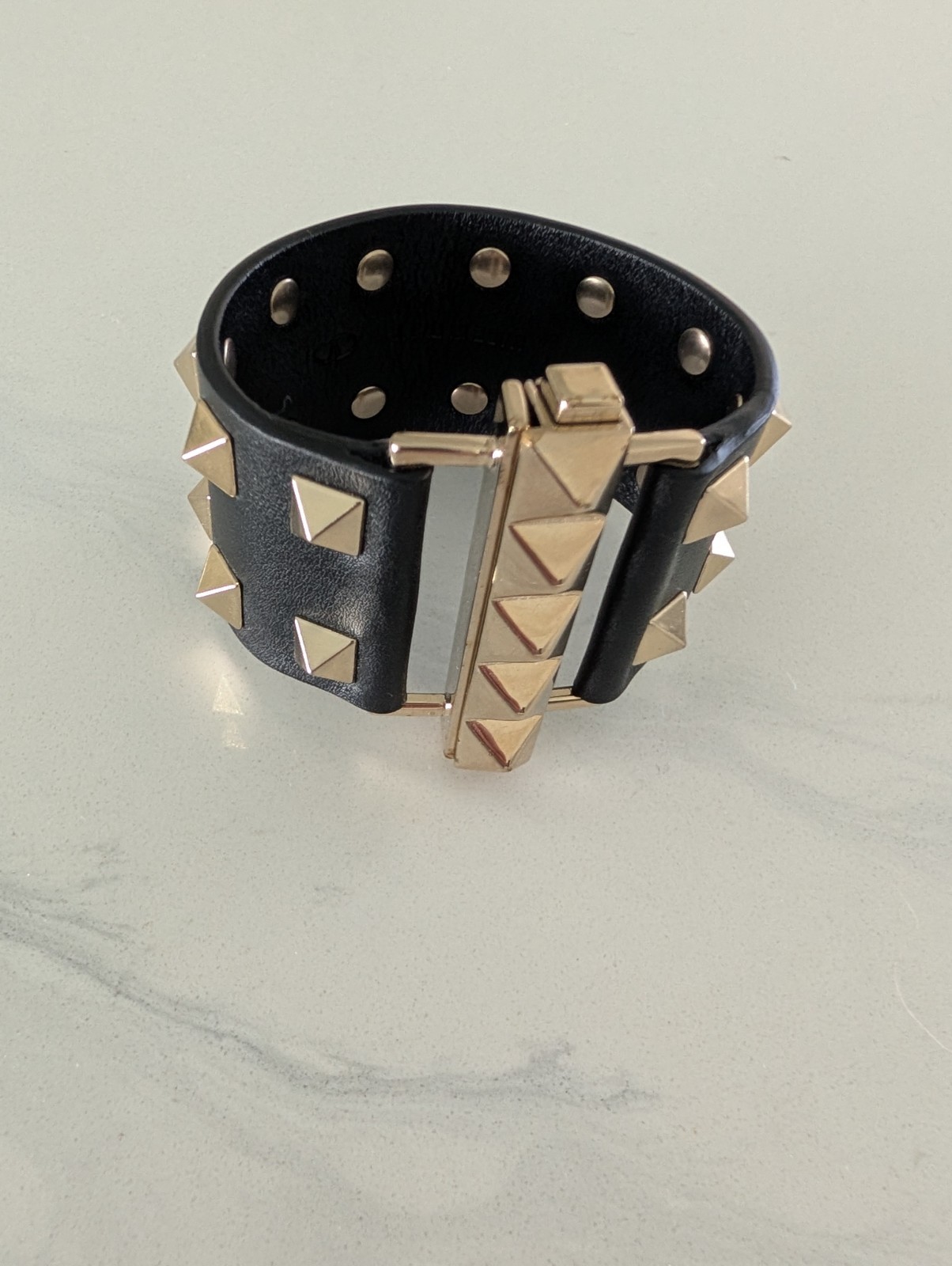 VALENTINO Black Leather Rockstud Wide Cuff Bracelet s Small