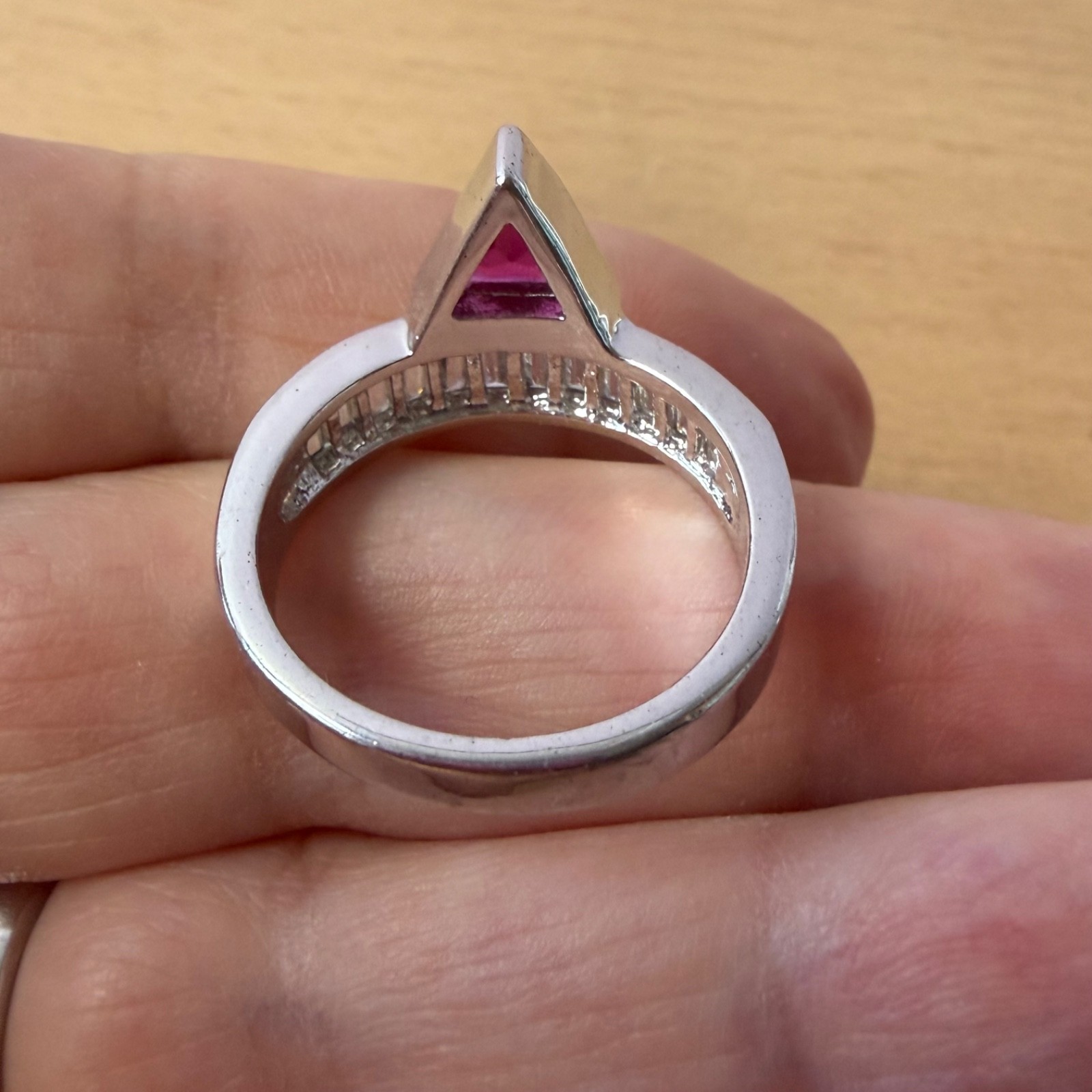 SYNTHETIC RUBY / PINK SAPPHIRE BAGUETTE RHINESTONES GEOMETRIC RING SILVER TONE