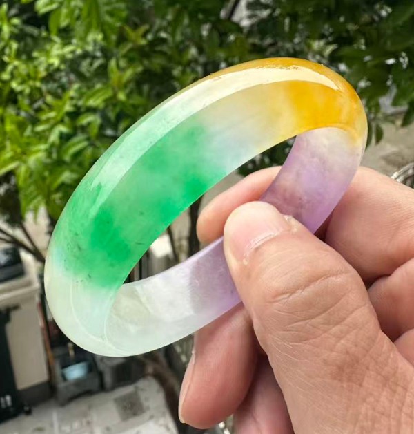 Natural Grade A Jadeite Bangle Tri-Color Green Lavender Yellow Burmese Jade 59mm